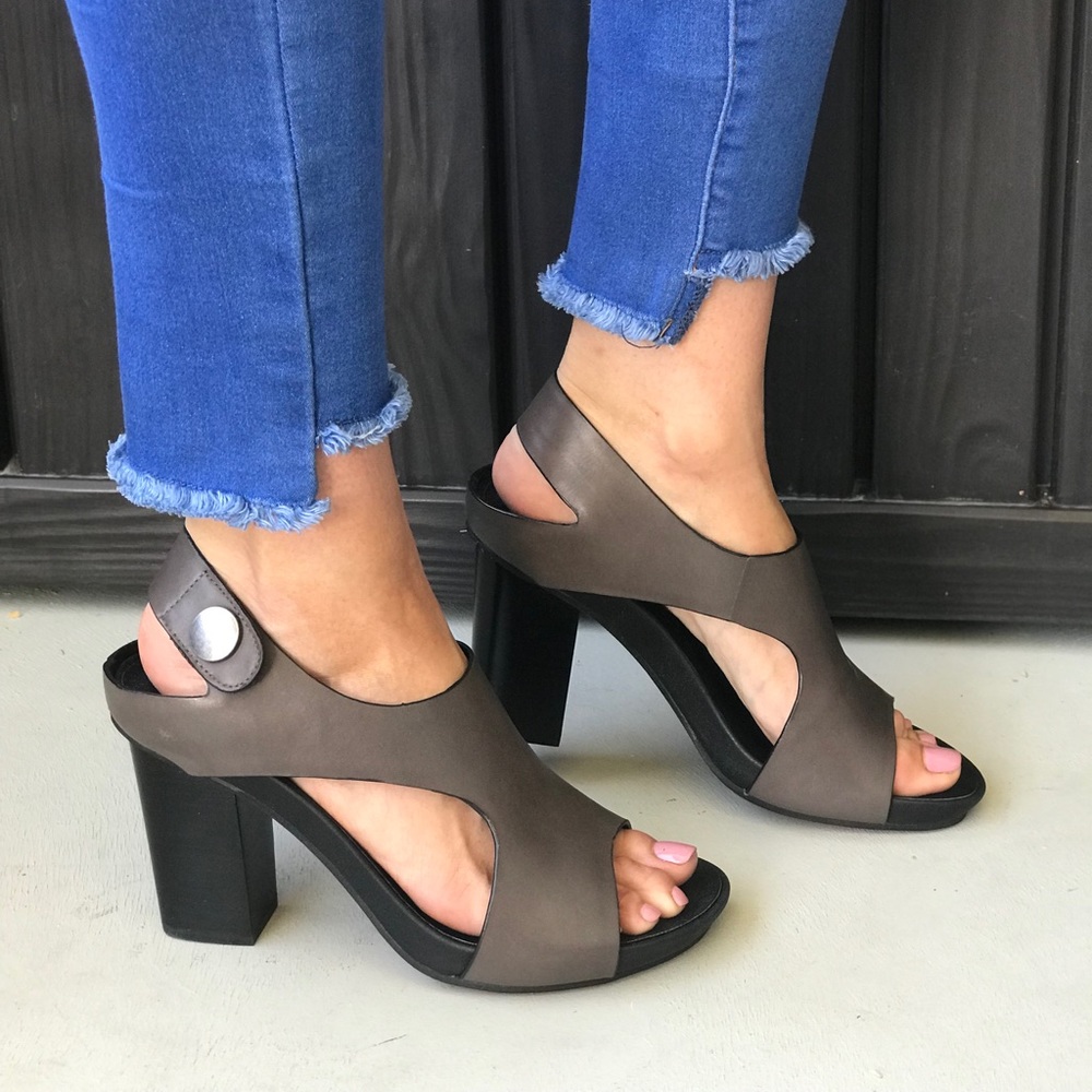 Gray Leather Cut Out Peep Toe Wooden Clog